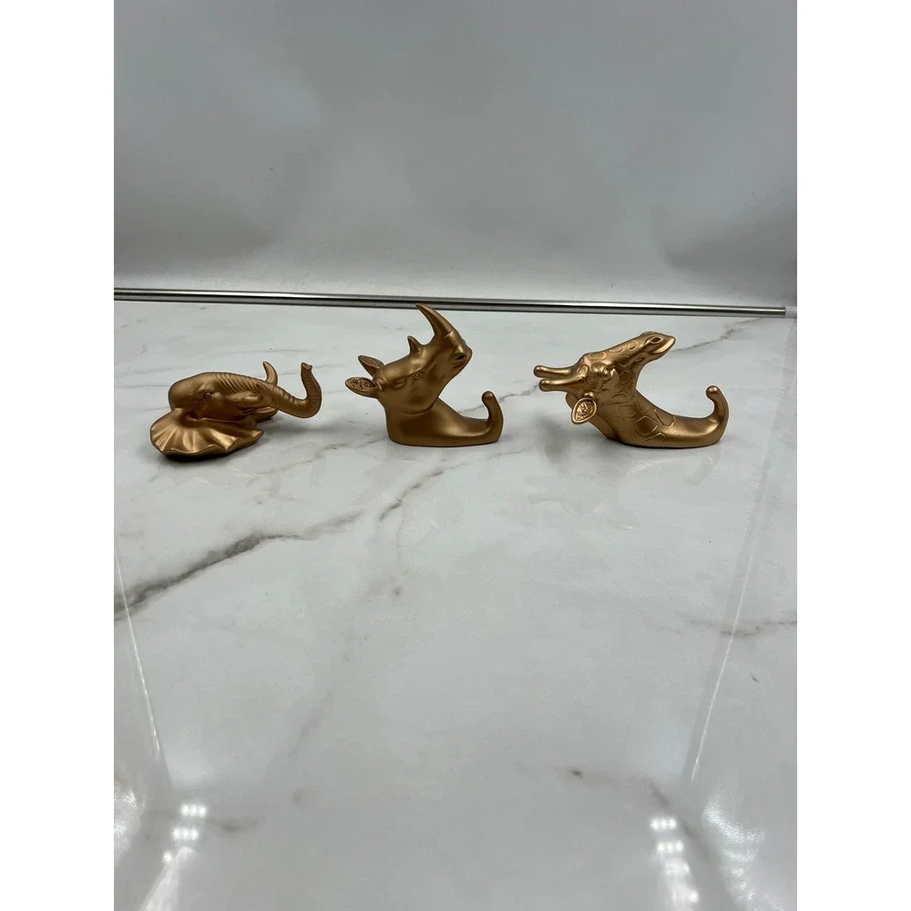 Safari Animal Wall Hooks Set of 3 Gold Plastic Elephant Rhino Giraffe Decor